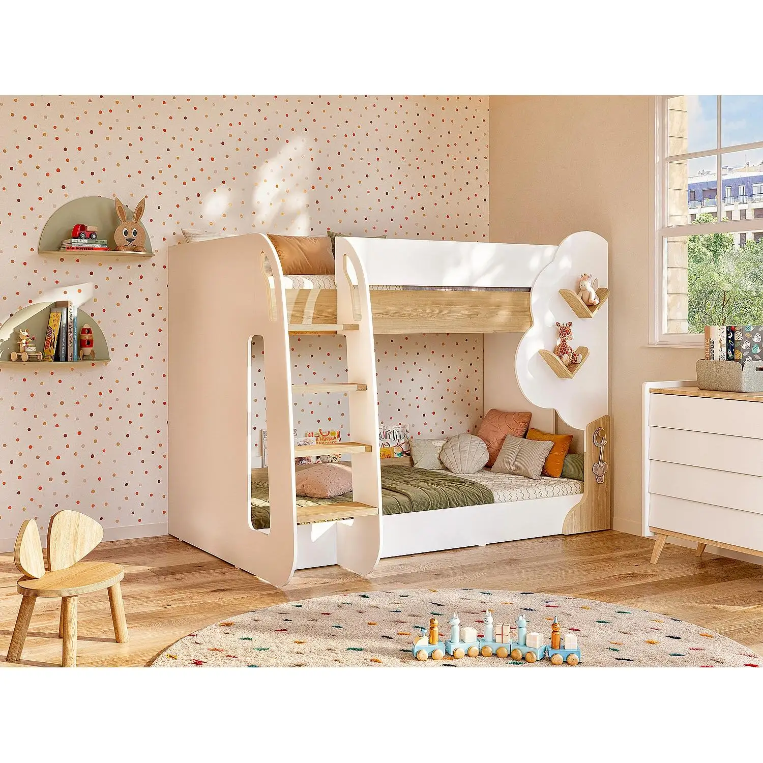 Vente-unique - Literas 2 x 90 x 190 cm - blanco y natural - PILATI