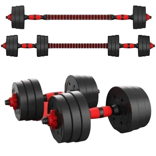 2 dumbbells 2 in 1 7,5kg - 10kg - 15kg - 20kg each-adjustable + 40 cm tie bar to convert to fixed bar-weight Set + bar with anti slip grip