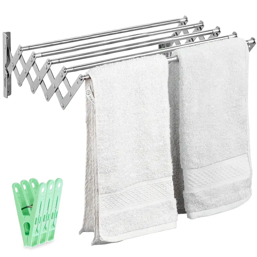 JUPPLIES extendable clothesline 100/120/140/160cm-indoor or outdoor wall folding clothesline suitable for all kinds of clothes with 5 drying bars-tongs included