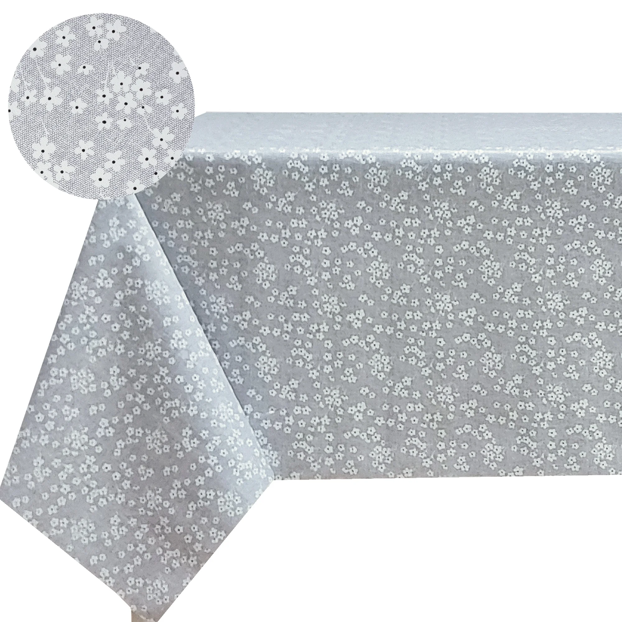 Mantel hule PVC rectangular, fácil de limpiar, impermeable, con flores blancas, color gris, ideal para cocina, comedor, salón, balcón y picnic