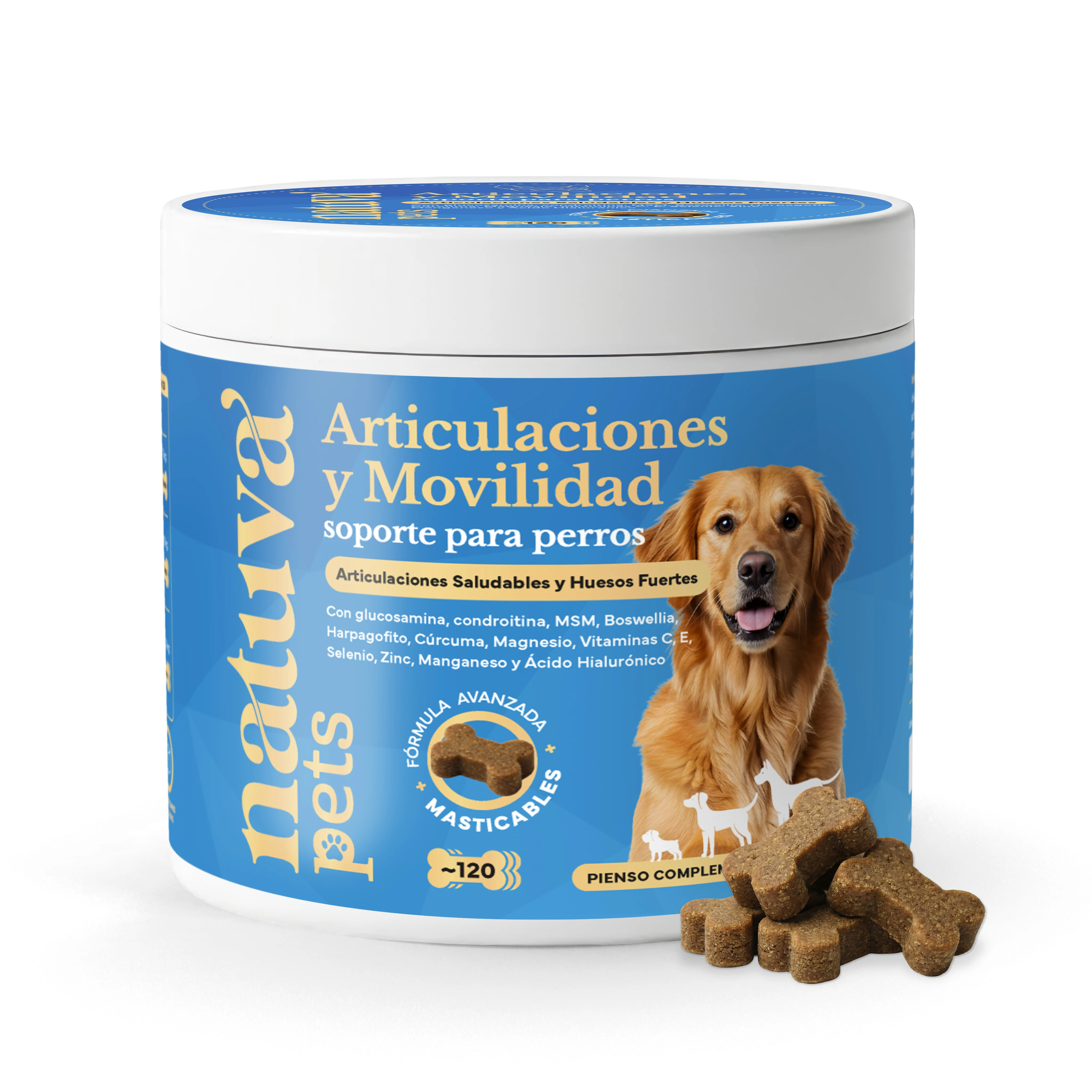 Condroprotector para Perros Natuva Pets - Articulaciones y Movilidad - Apoyo al Cartílago y Bienestar Articular - Con Glucosamina, Condroitina y MSM - 120 Soft Chews