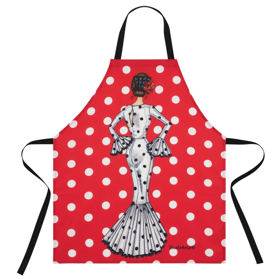 illustrArte – Delantal cocina “Flamenca María Blanco” fondo rojo – diseño flamenco – 100 % poliéster lavable – 78×65 cm – hecho en España