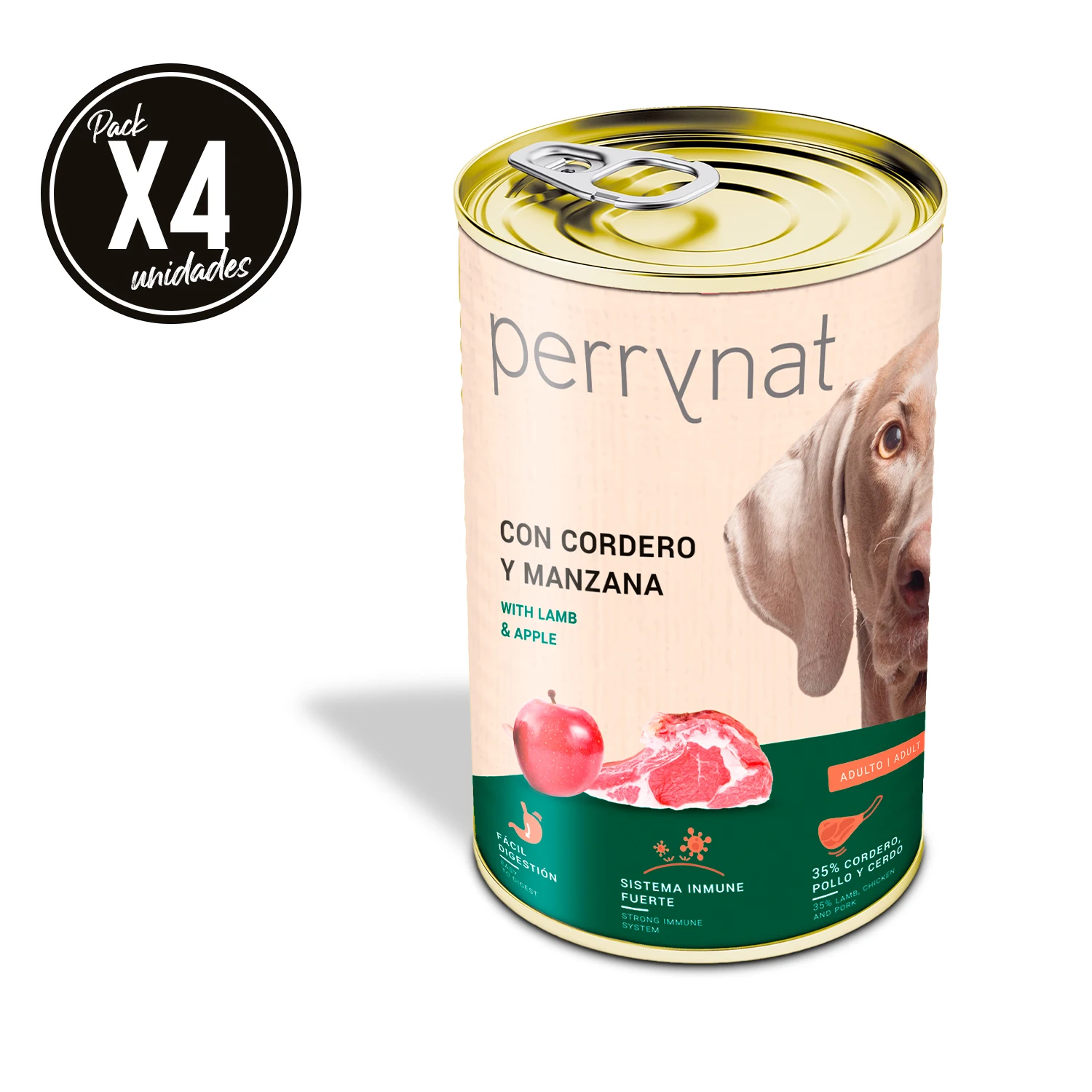 Dibaq Perrynat, comida húmeda  para perros, cordero y manzana, pack 4 uds x 400 gr