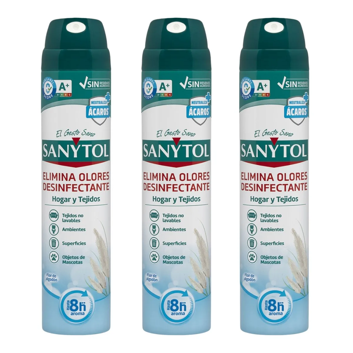 SANYTOL Pack x3 Botes ambientador desinfectante para hogar y tejidos Flor de Algodón spray 300 ml