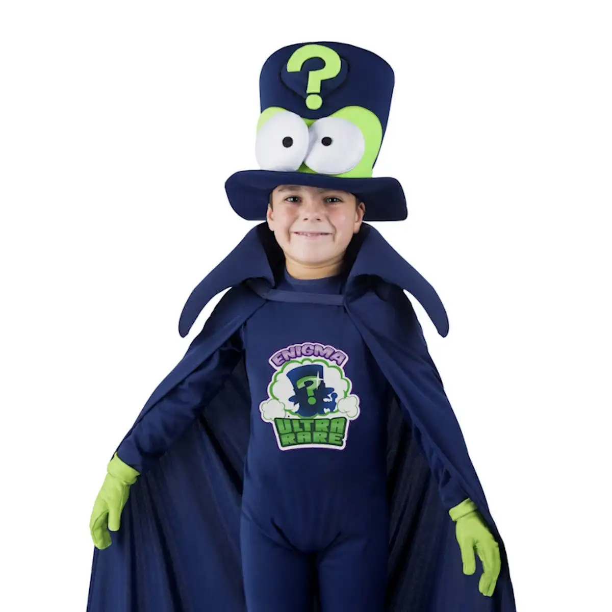 Enigma superthings children's costume, size 4-5 years. Includes dark blue jumpsuit and cape, hat with eyes, green gloves and lilac boot covers, with question mark details