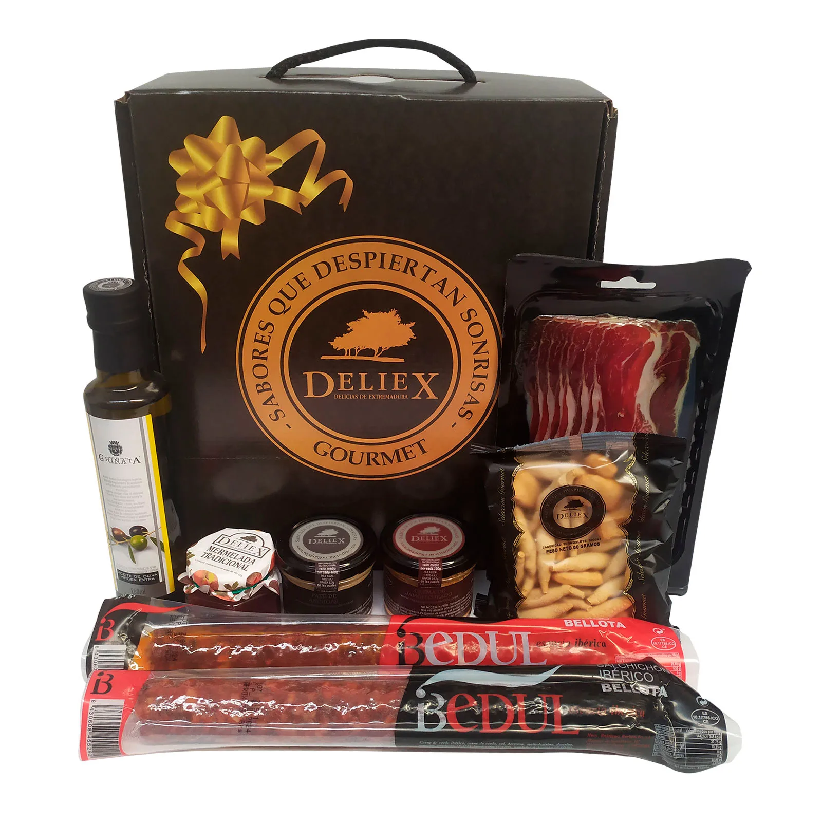 Deliex delicacies of Extremadura. Gift gourmet basket with oil La Chinata, ham, lot of Iberian, patés, pickaxes. .. Original gifts for men and women. (Basket without cheese)