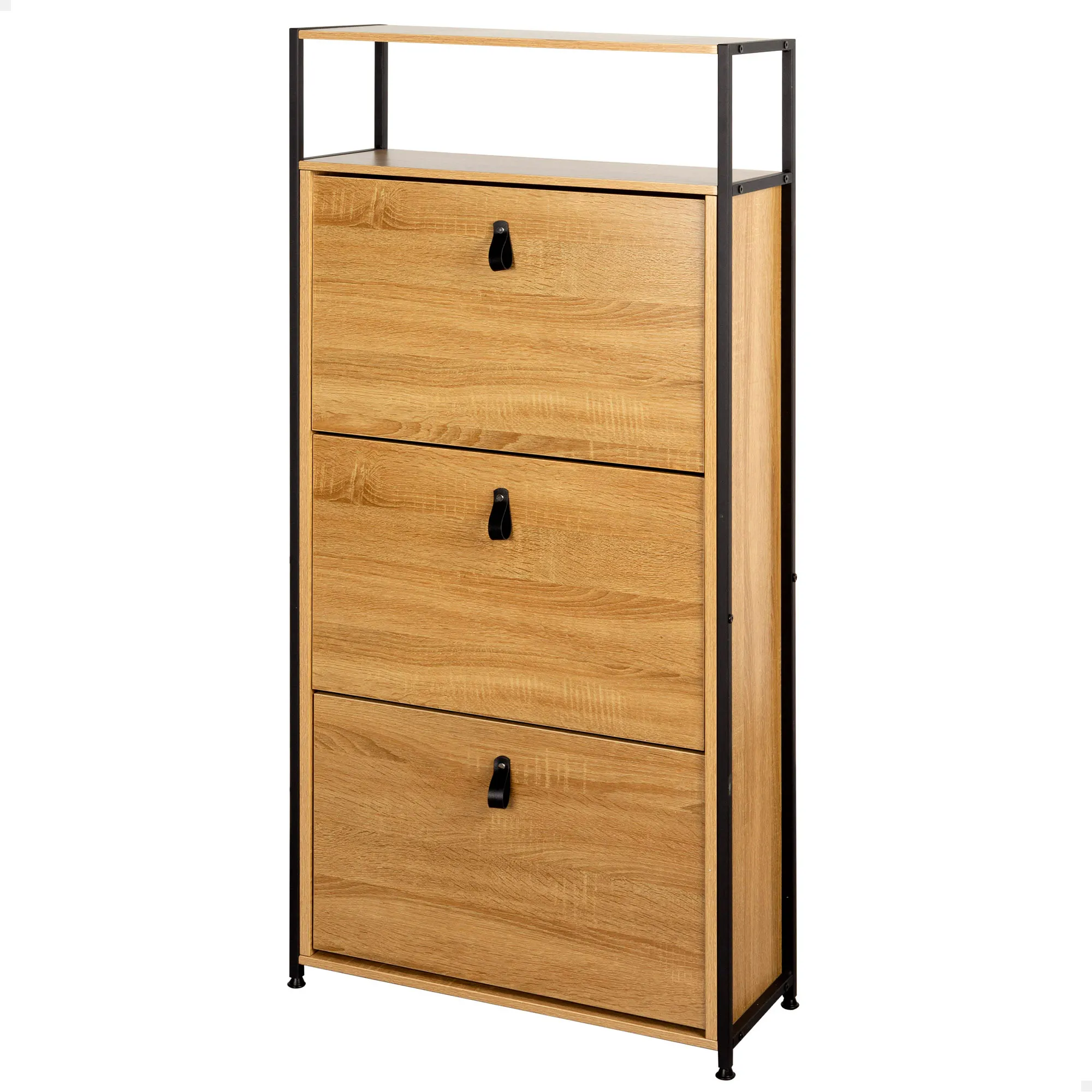 Max Home - Zapatero entrada, medidas 60x24x132 cm, mueble recibidor, madera y acero, 3 cajones abatibles con tiradores, 6 baldas ajustables, estilo industrial, patas de nivelación regulables,