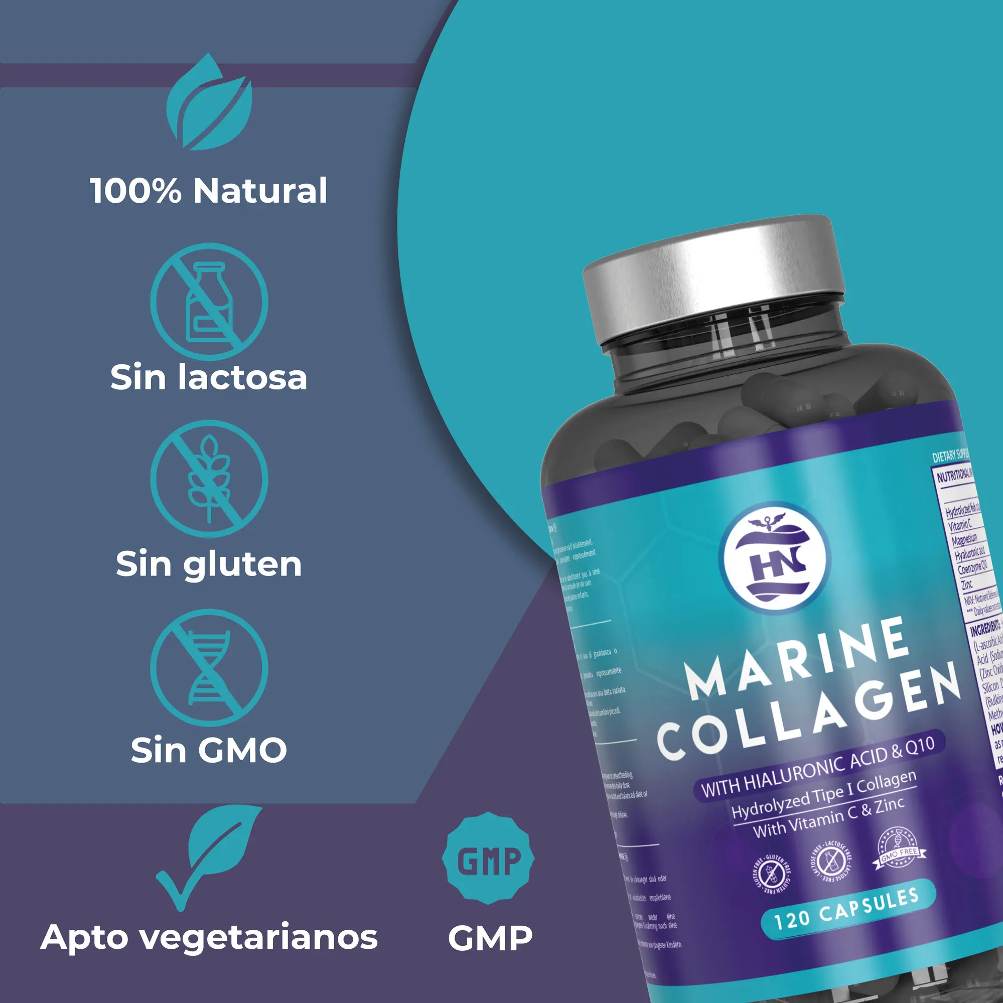 Hn - healthy nutrition - omega 3 & marine collagen pack - omega 3 capsules 2000 mg based on omega3 fish oil - 120 soft pearls of omega 3 fatty acids 700 mg epa - 500 mg dha - pure hydrolyzed marine collagen with hyaluronic acid and vitamin c. #3