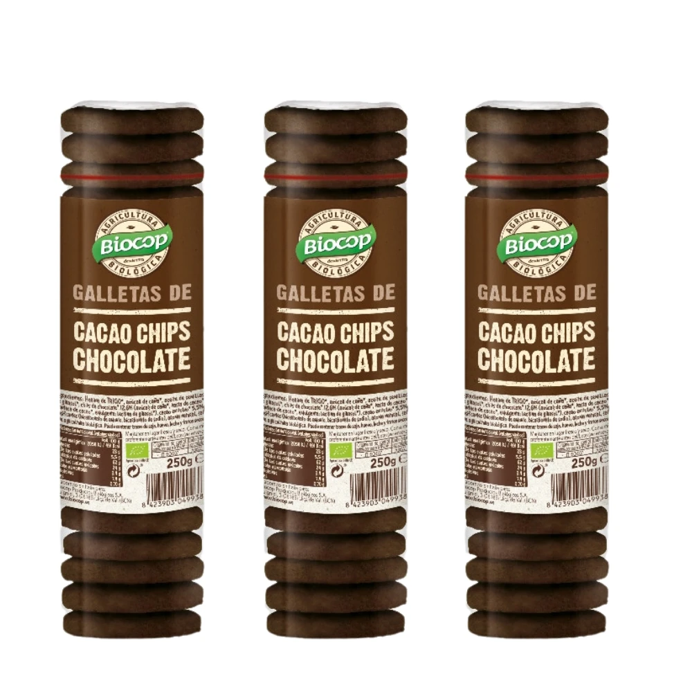 Galletas de cacao chips  Packs 3  Galleta gruesa y crujiente con sabor intenso  Con aceite de girasol  Biocop