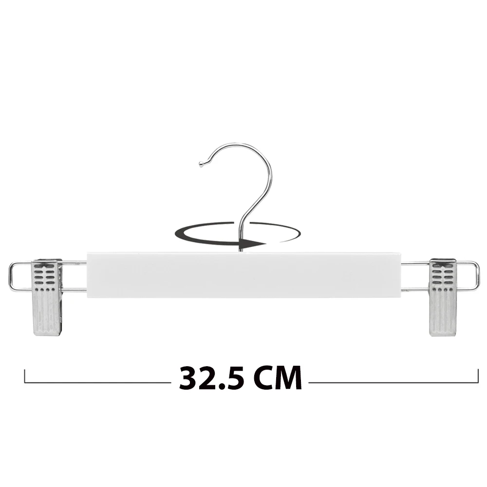 Wooden hanger with adjustable clips in white and natural color, featuring a 360° swivel hook, perfect for organizing pants and skirts in your wardrobe. Ideal for space-saving and easy access to clothes. #2