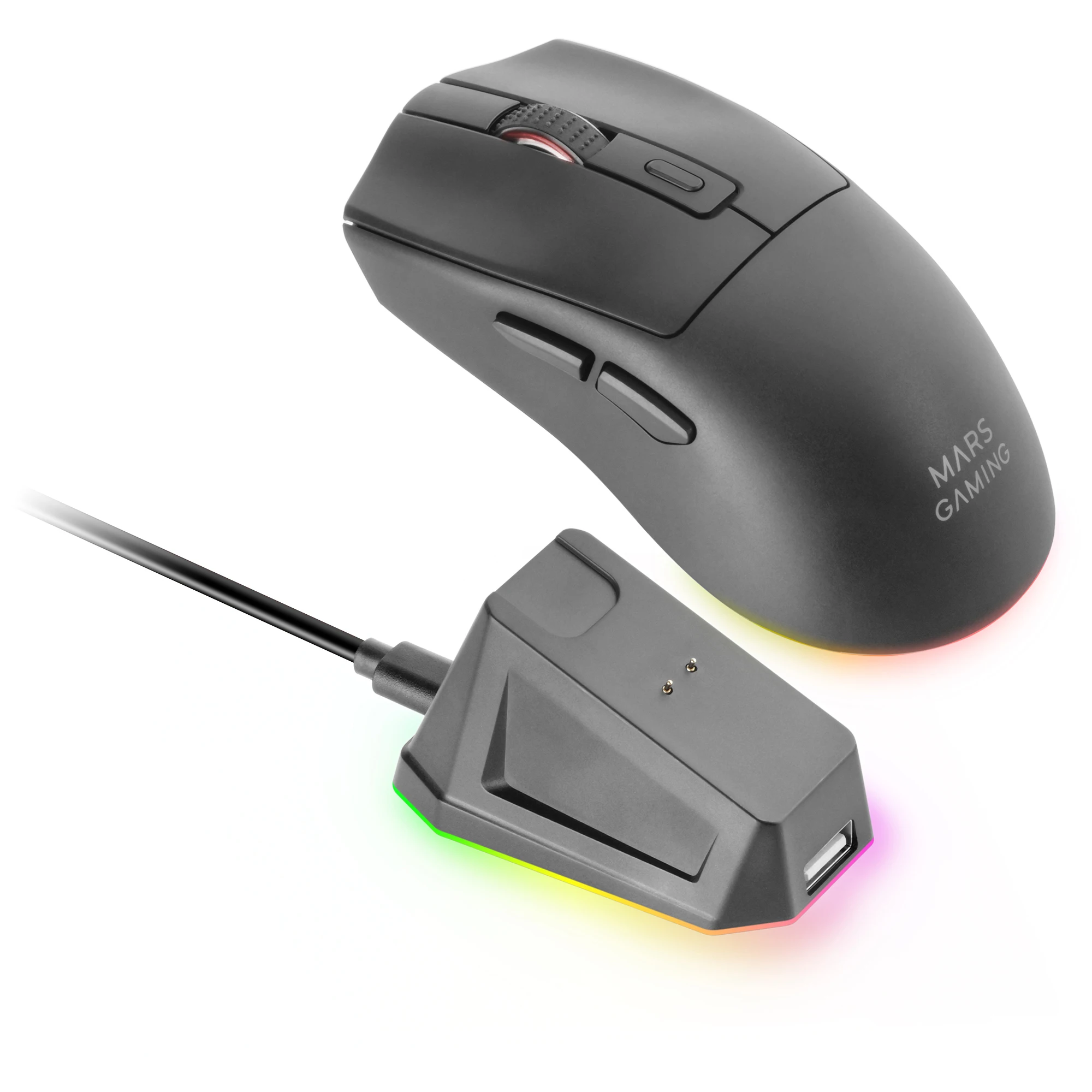 Mars Gaming MM-T3, Ratón Inalámbrico Ultraligero, Bluetooth 5.0 + 2.4GHz + Cable, Sensor Óptico PIXART PAW3104PRO 14400 DPI, Base de Carga Magnética RGB, Switches Huano, Software de Control, Ratón