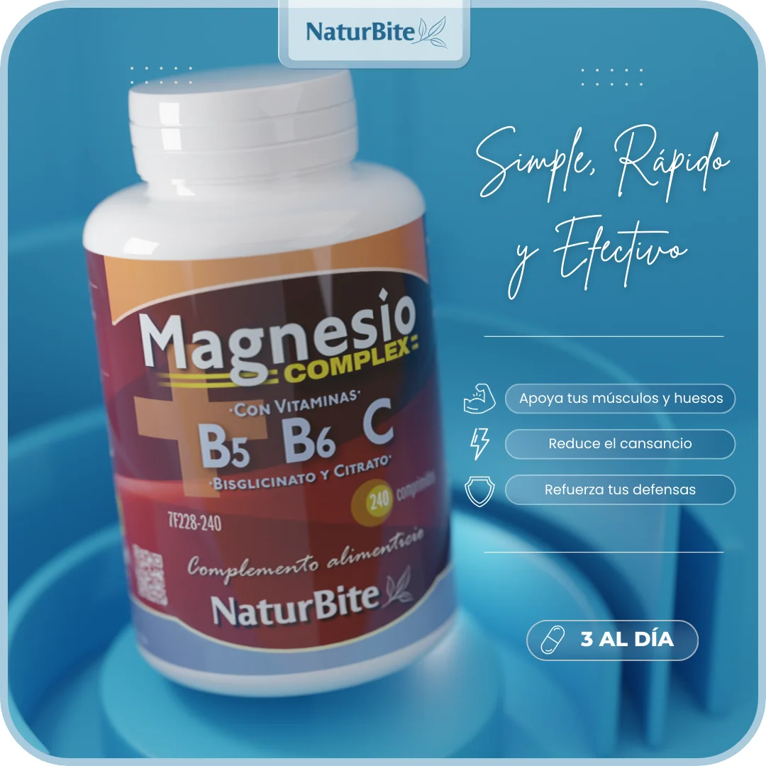 Naturbite magnesium complex with vitamins b5, b6 and c – magnesium citrate and bisglycinate tablets for energy, wellbeing and nervous function, vegan and highly absorbed formula. Improve magnesium intake with this symbiotic formulation.