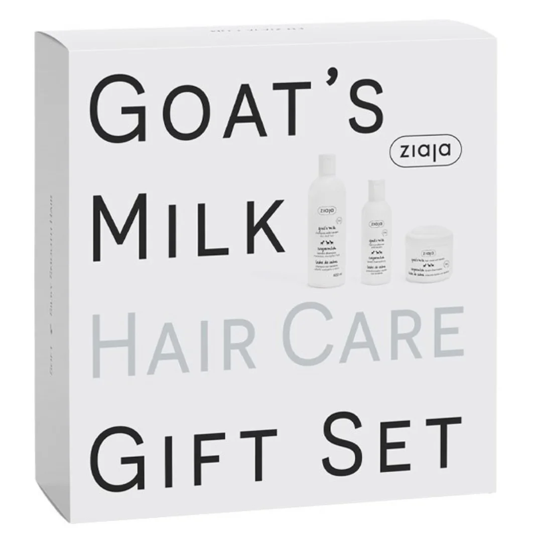 Ziaja Set Capilar Leche de Cabra con Champú, Mascarilla y Acondicionador con Keratina para Cabello Seco o Dañado, Hidratación, Nutrición y Brillo Natural en caja regalo perfecto para regalar, cuida tu piel con productos naturales de ziaja