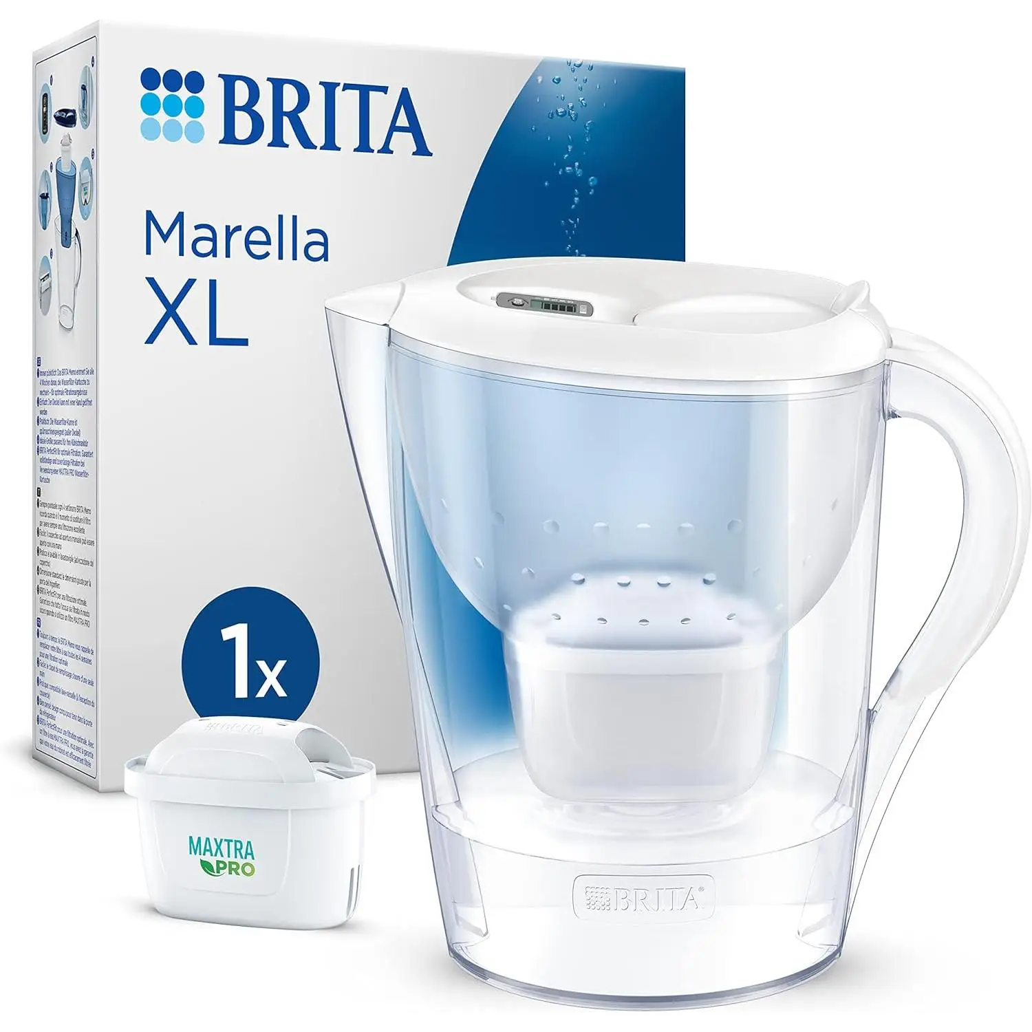BRITA Jarra Filtrante, Modelo Marella XL Blanca, 3,5L con Filtro MAXTRA PRO | 150L agua filtrada | Sin BPA | Apta lavavajillas | Indicador Memo | Reduce cal, cloro y metales | Diseño sostenible