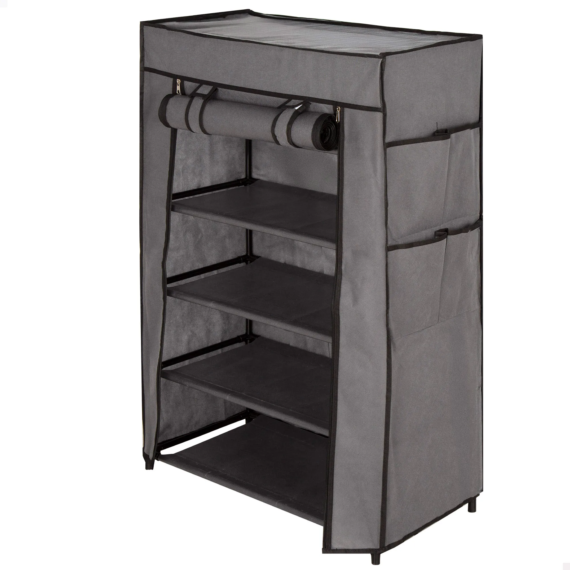 Max Home - Armario zapatero tela, 60x30x90 cm, 4 estantes, 4 bolsillos, cubierta enrollable, funda extraíble gris, peso soportado 10 kg, muebles de camping, versátil y funcional, armarios temporales, corta estancia