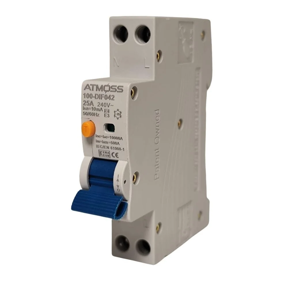 Atmoss Interruptor Diferencial 1P+N 25A 10mA Clase A 10kA - Superinmunizado, Alta Sensibilidad, Especial Zonas Húmedas (Piscina, Jacuzzi, Sauna), Novedad 1 Módulo