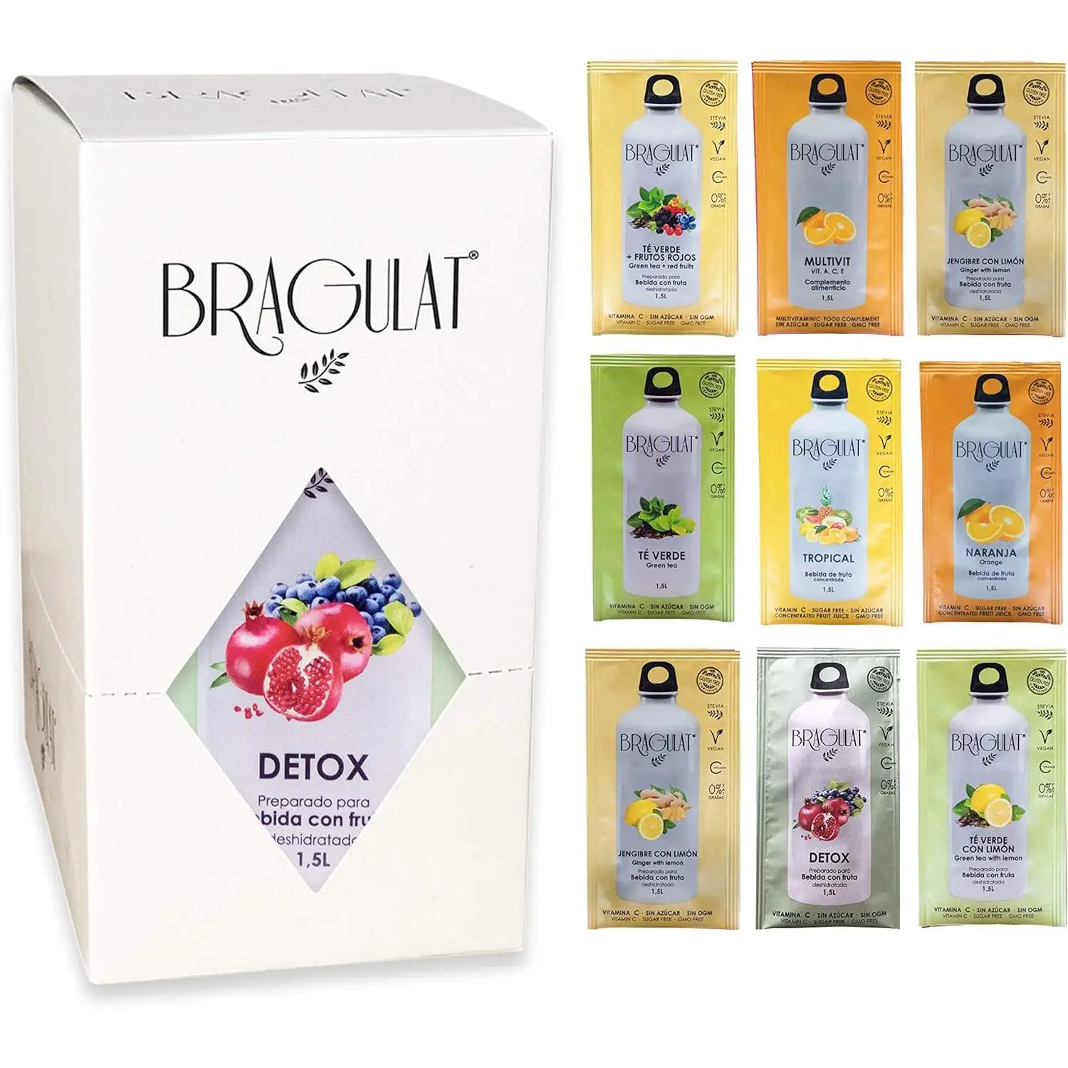 BRAGULAT | Bebidas con frutas / MIX Bienestar | Bebidas y Refrescos Instantáneas en Polvo | Sin Azúcar y con Vitaminas | 15 Sobres