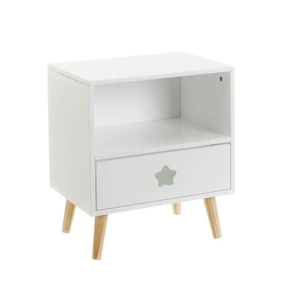Lola Home Mesita de noche de 1 cajón con estrella tallada de madera de pino blanca de 40x30x50 cm