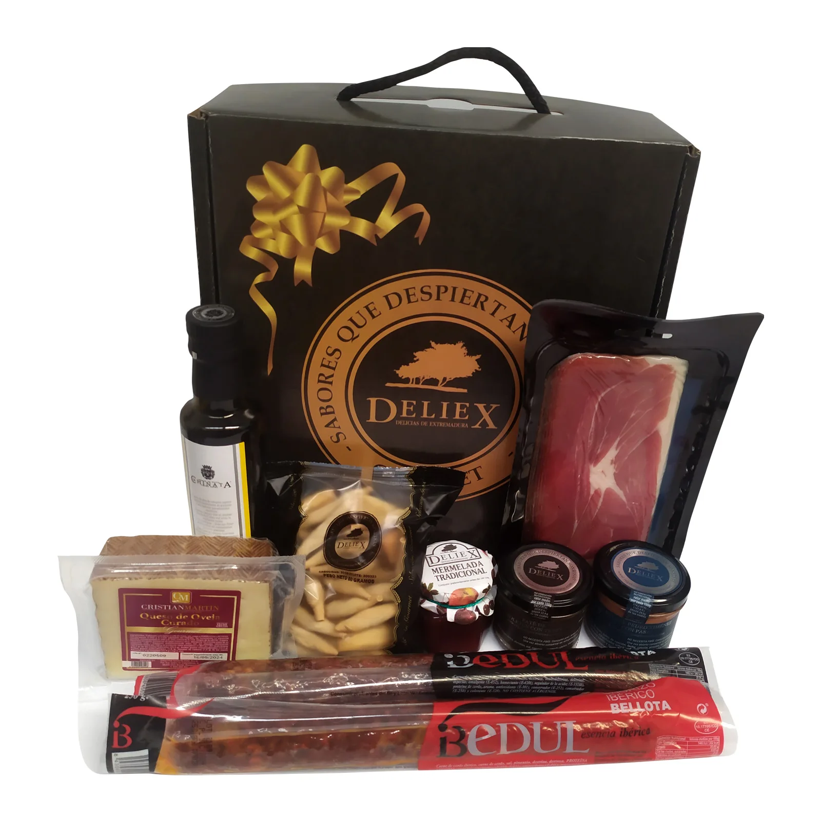 Deliex delicacies of Extremadura. Gourmet basket with oil, the Chinata, ham, batch of Iberian, cheese, patés, peaks. Original gifts for men and women. (Basket with cheese)