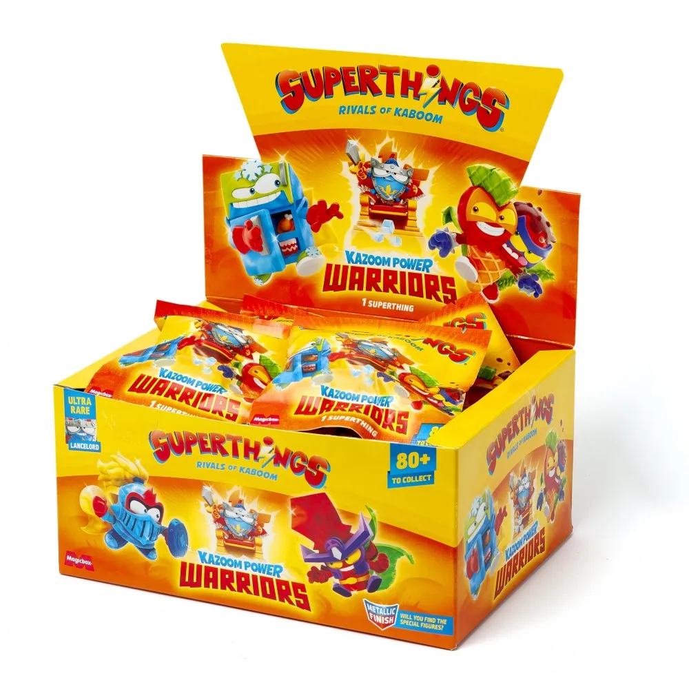 SUPERTHINGS KAZOOM Power Warriors –Caja de 25 Sobres con Figuras coleccionables. Figuras Regulares, Efecto Metalizado, Plateadas, Doradas y el UR. Cada sobre Contiene 1 Superthings