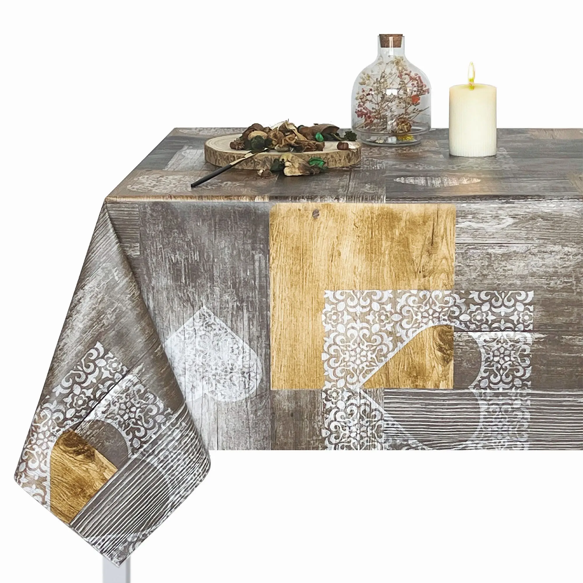 Mantel PVC impermeable y antimanchas, rectangular, fácil de limpiar, ideal para cocina, comedor, hogar o jardín. Diseño Nogal Europeo, Madera, Corazón, Cookies, tonos marrón y gris claro.