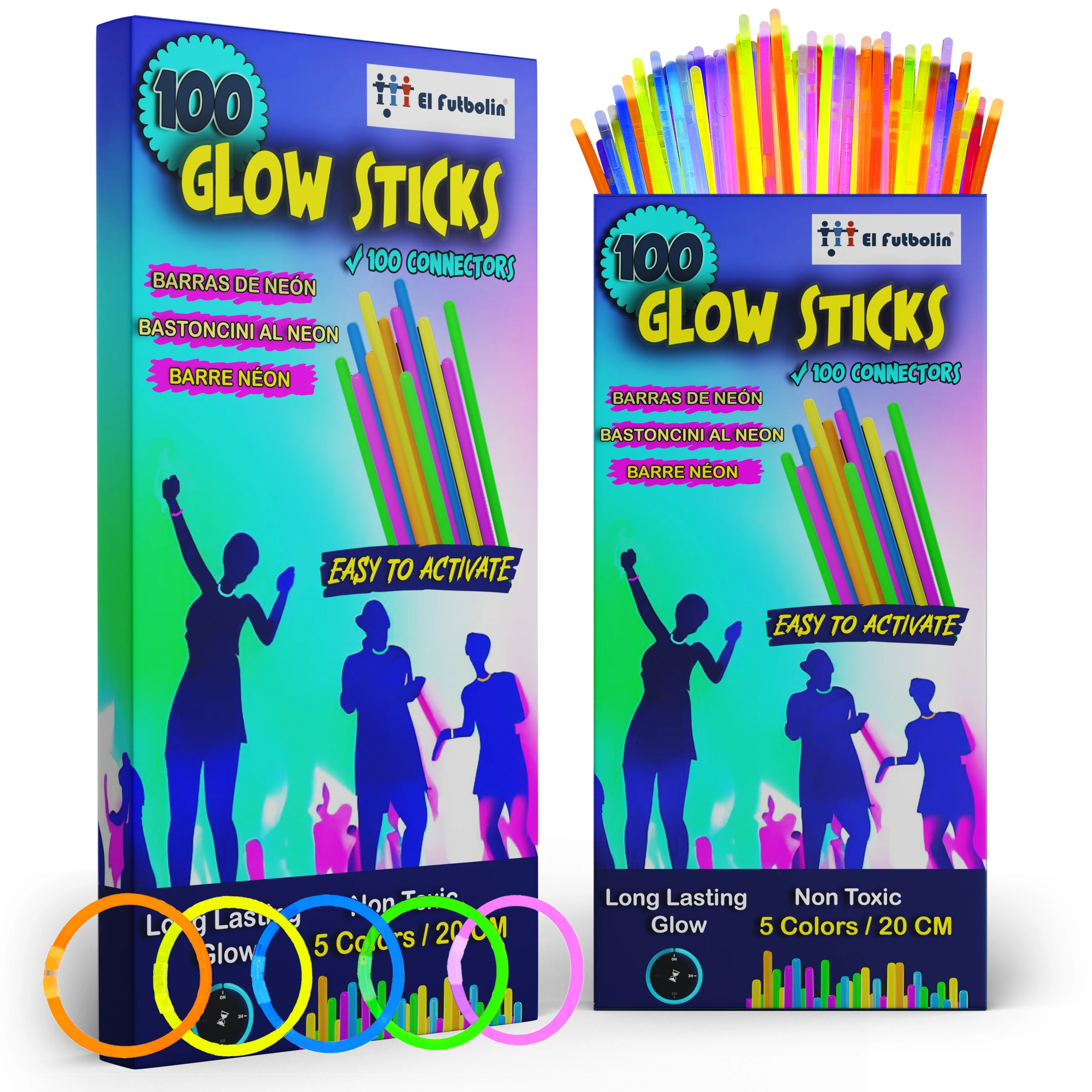 Pulseras Luminosas Fluorescentes 100 Barras Luminosas + 100 Conectores Regalo Fiesta de Cumpleaños Boda y Eventos Decoración Navidad Pack de Palos de Neón MARCA EL FUTBOLIN