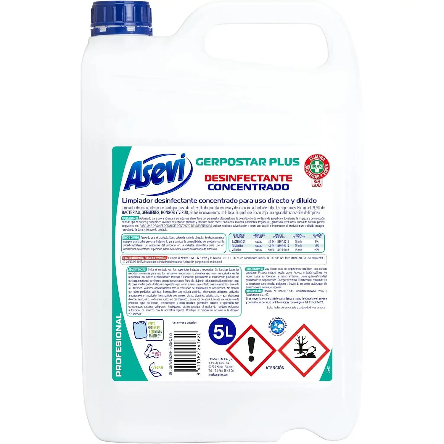 Desinfectante Asevi Profesional Gerpostar - 5 Litros - Limpiahogar Concentrado - Limpiador Desinfectante Multiusos - Sin Lejía - Elimina Gérmenes, Bacterias y Virus