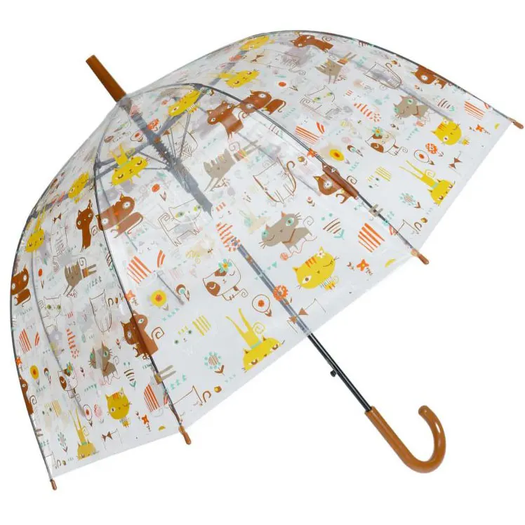 J.S ONDO Paraguas Largo TRANSPARENTE ESTAMPADO DE GATOS 60CM Hombre Mujer , Paraguas Holográfico Automático Grande Plegable, 8 Varillas Resiste Al Viento, Holográfico,FORMA DE CUPULA