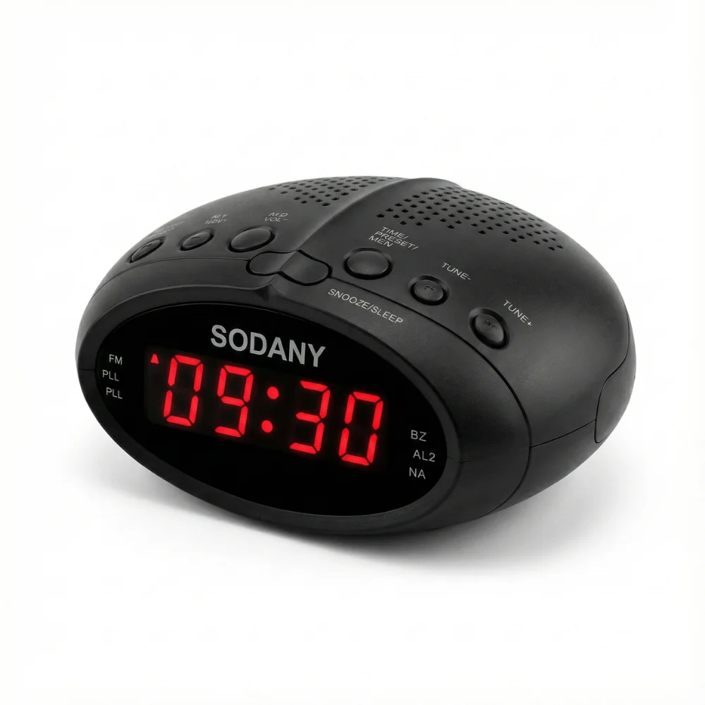 SODANY Radio Despertador Digital FM Alarma Dual, Reloj de Mesita Eléctrico, Pantalla LED Roja, Snooze y Sleep TS-1317