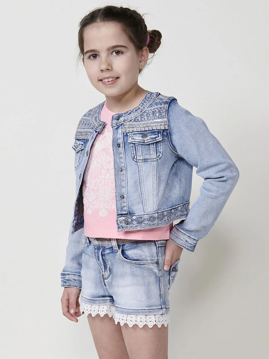 Koroshi Chaqueta Niña Denim Cuello Redondo Brillos – Koroshi Azul