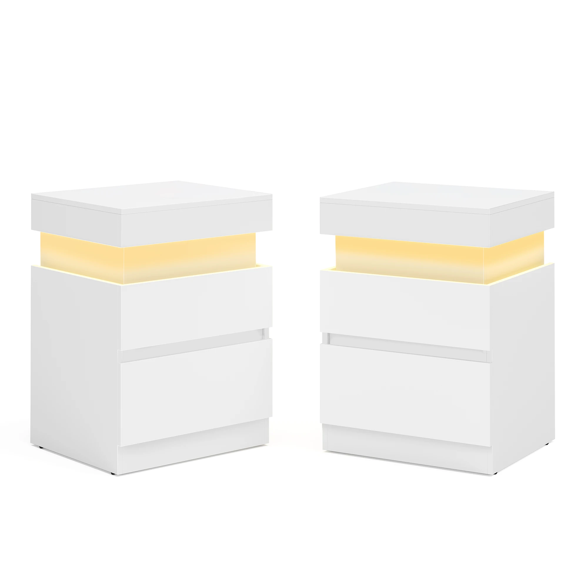 Collezione VASAGLE KAILYN - Comodino con Multipresa, Set da 2, Piano Scorrevole, 2 Cassetti, Striscia LED, Tavolino Laterale, Stile Moderno, 35 x 40 x 55 cm, Bianco Neve/Nero Inchiostro