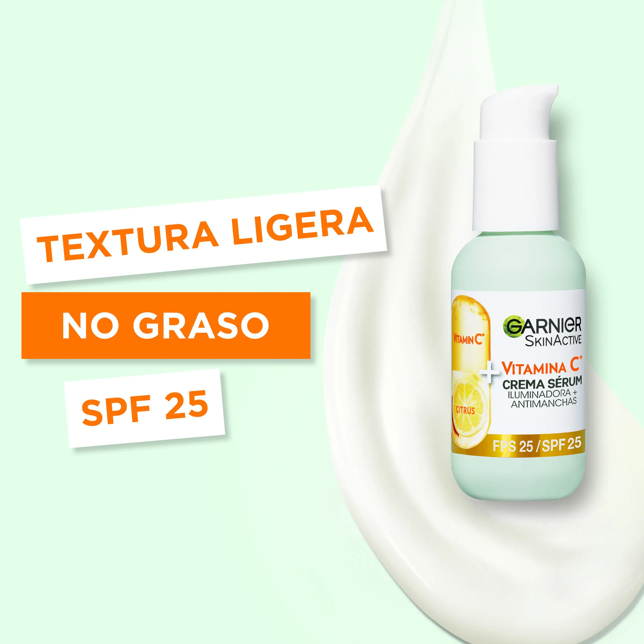Garnier |   Serum cream with spf 25. High concentration of serum with vitamin c and sun protection to protect the skin from sun blemishes. Ultra light and moisturizing formula 50ml
