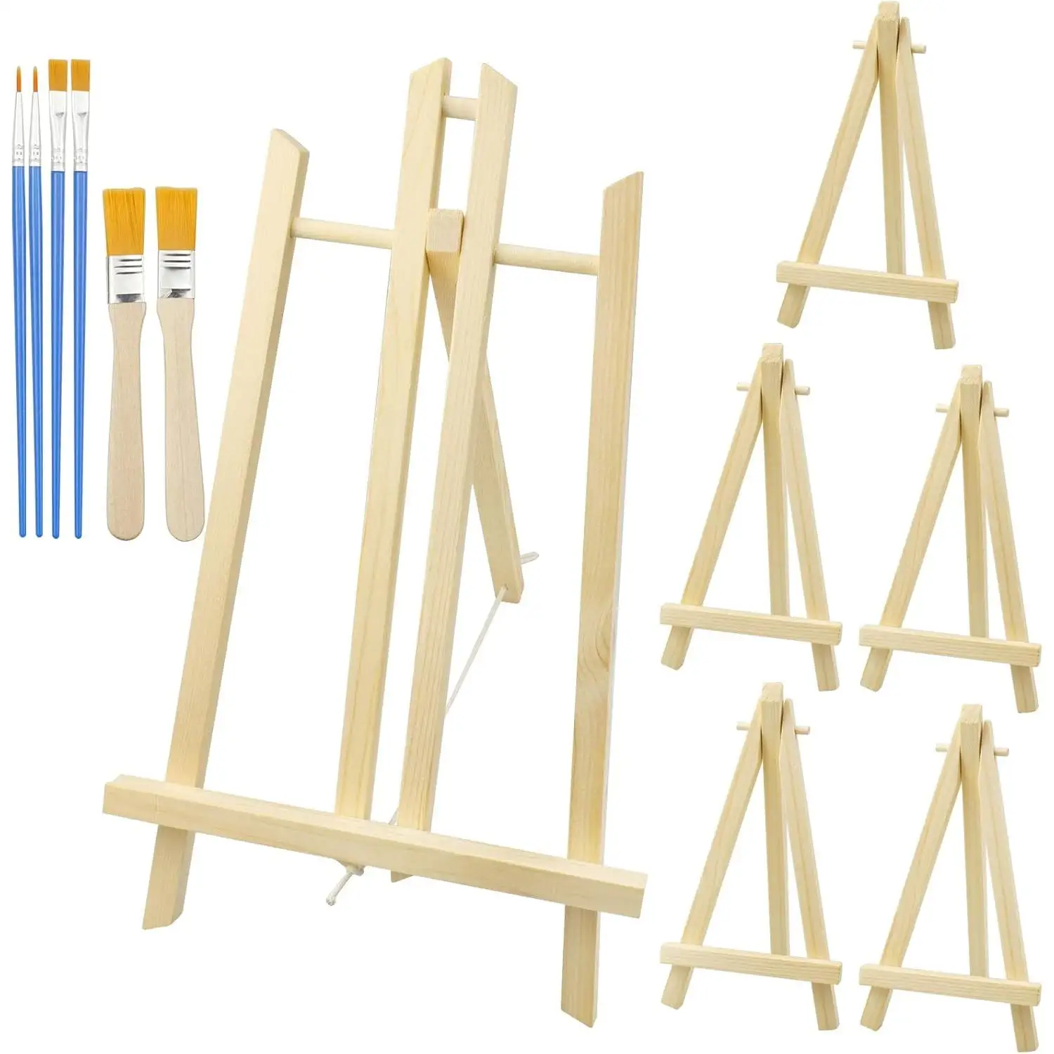 Wood easel sets for paintings, 1 easel 40x22cm + 5 Mini wooden trestles with 6 painting paint brush drawing paintings. Table Display easels for photos and arts