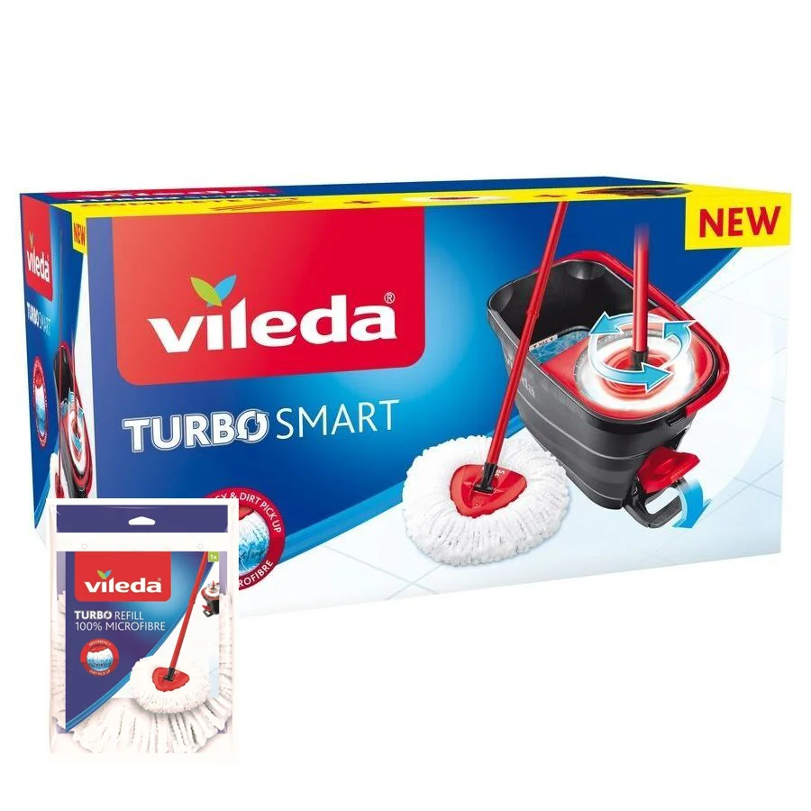 VILEDA cube Turbo Smart Set cube with pedal stick 3 pieces and triangle Microfiber mop plus 1 extra spare, cleaning system including a pedal bucket, triangular Microfiber mop designed to reach all corners.