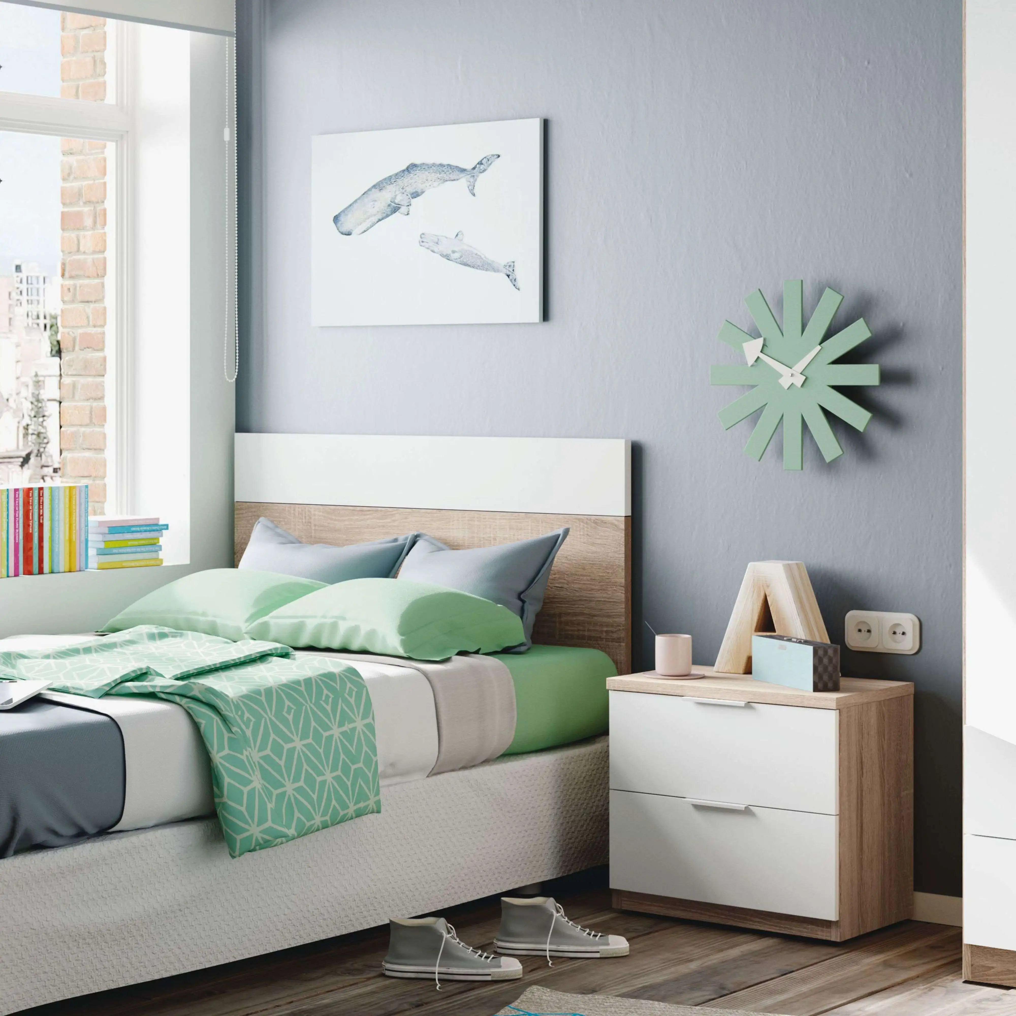 Headboard with Luca White and Oak Table