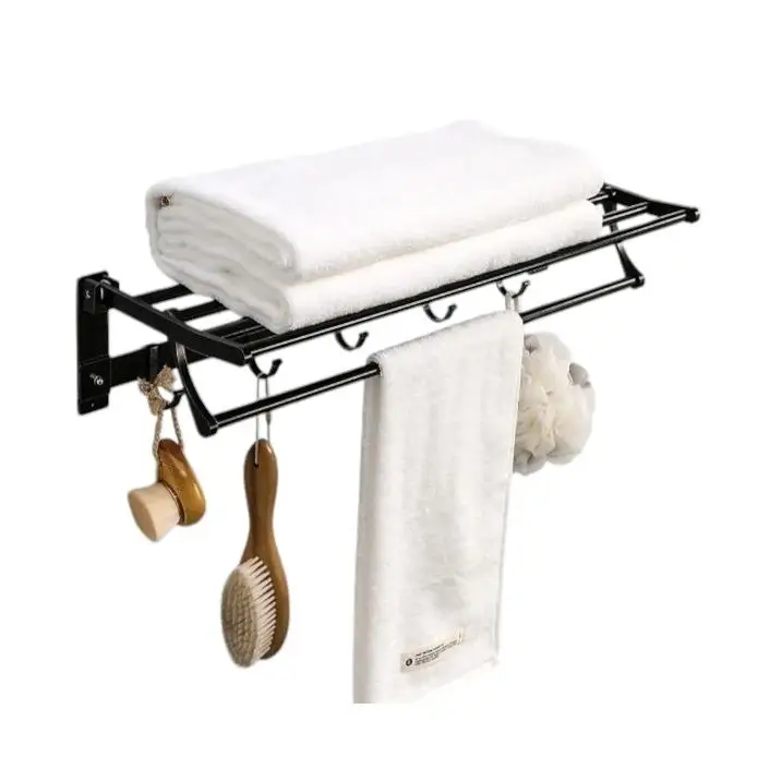 STARTELECTRIC - Toallero, Toalleros de Baño, Sin Taladro, Adhesivo para Baño, con 5 Ganchos, Toallero de Pared para Colgar en la Pared, 60cm Toallero Plegable de 90° Montado, para Baño y Cocina, Negro