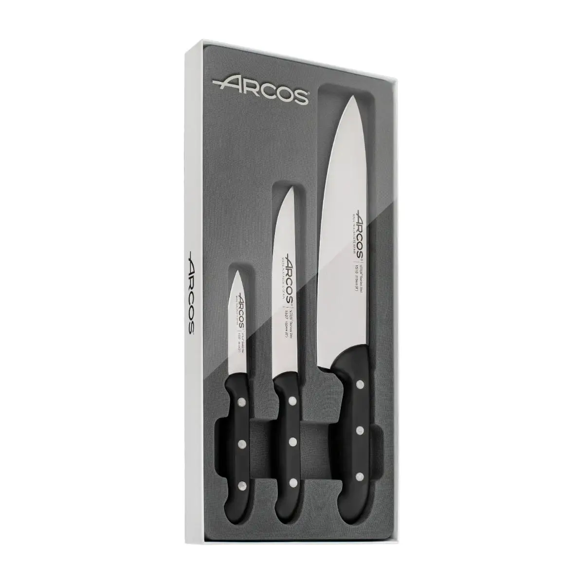 Arcos maitre series - 3-piece kitchen knife set (browser + kitchen + chef) - nitrum stainless steel blade - black polypropylene handle