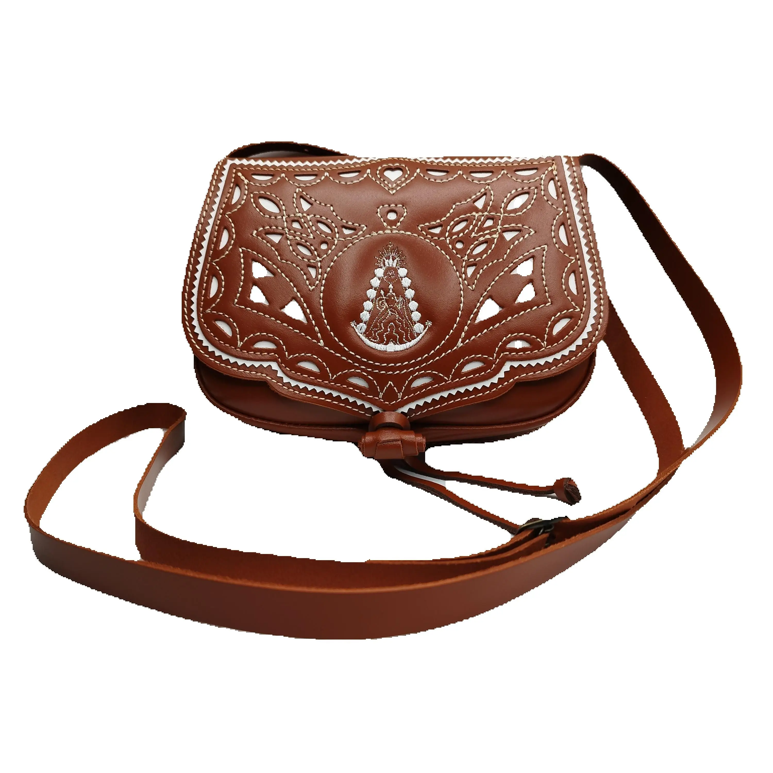 Bolso Roció-Piel- Bandolera Convertible en Riñonera - Ideal para Romerias-Fabricado en Sevilla -medidas 20x16x6 cm-bordado y impecable acabado.