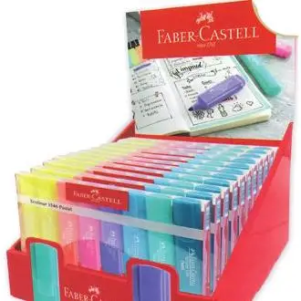 Faber Textliner 1546 Pastel highlighters with 10 + 1 free, featuring pastel body colors, water-based ink, and a versatile beveled tip for 3 stroke widths: 1 mm, 2 mm, and 5 mm, perfect for school supplies and stationery. - Product Main Image