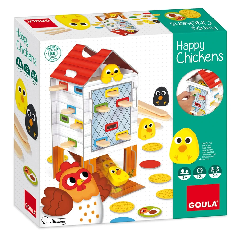 Juego habilidad Happy Chickens de madera Goula, encuentra los pollitos retirando los palos (Diset 53170)