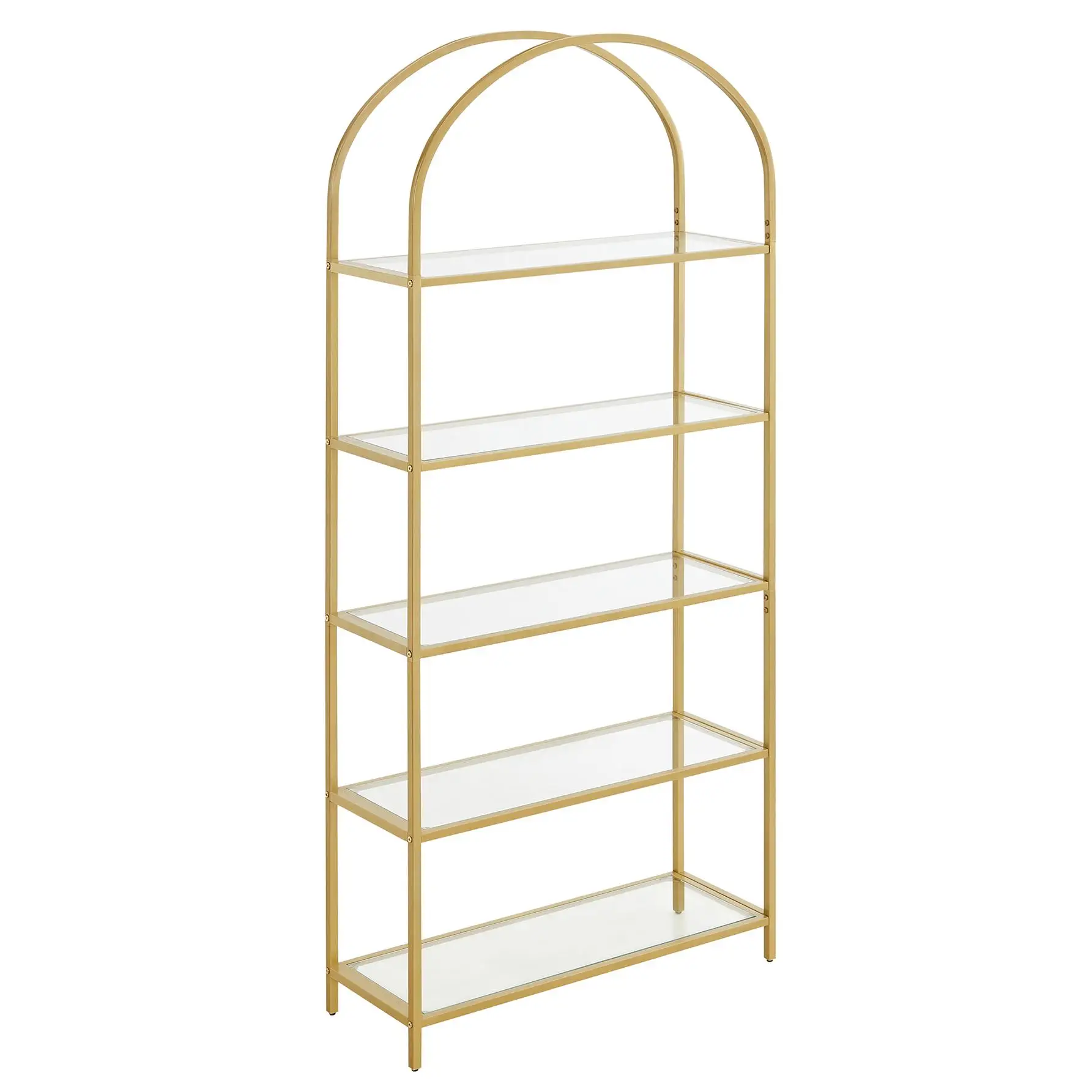 Libreria a 5 ripiani VASAGLE, libreria in vetro temperato, design ad arco, struttura in acciaio, per soggiorno, camera da letto, studio, bagno, oro metallizzato e trasparente/nero inchiostro e grigio