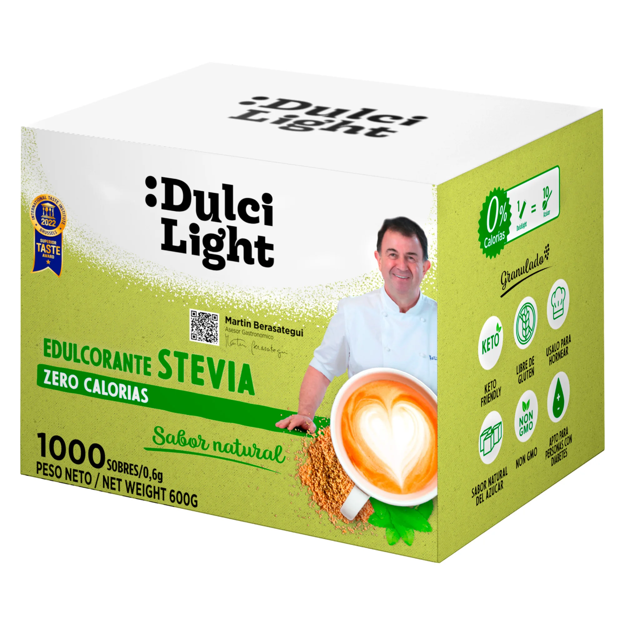 Dulcilight Estevia Granulada 1000 Sobres de Stevia 100% Sabor Natural Zero Calorías 1 sobre = 2 cdas de Azúcar Edulcorante Sustituto del Azúcar con Fibra Vegetal No GMO Keto Vegano Libre de Gluten