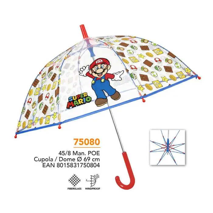 PERLETTI PARAGUAS INFANTIL 45/8 MAN. POE TRANSPARENTE SUPER MARIO SUPER MARIO