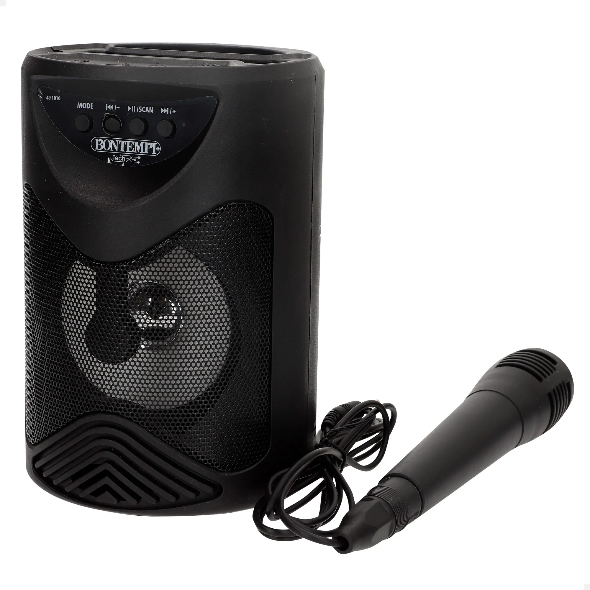 Bontempi - Altavoz karaoke con micrófono, 50W de potencia, luces RGB, conexión inalámbrica, USB, microSD, radio, función estéreo, batería recargable, formato portátil Ø12x18 cm, ideal para fiestas y eventos, con ranura para móvil