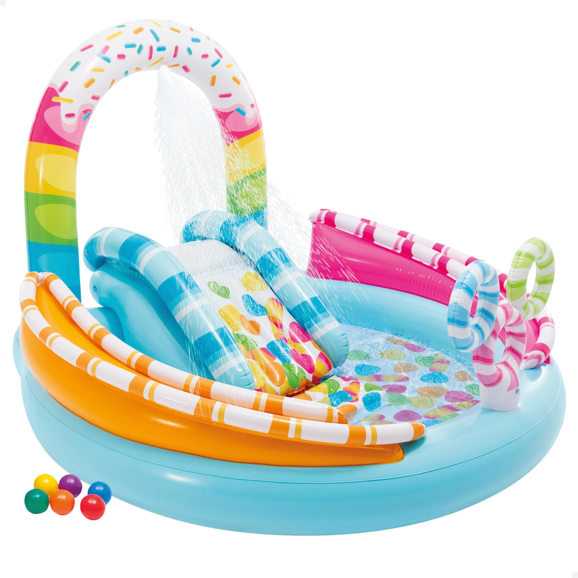 Piscina hinchable infantil INTEX Juegos de golosina con tobogán, para mayores de 2 años, capacidad de 165L y base acolchada, medidas 170x168x122cm, incluye parche de reparación