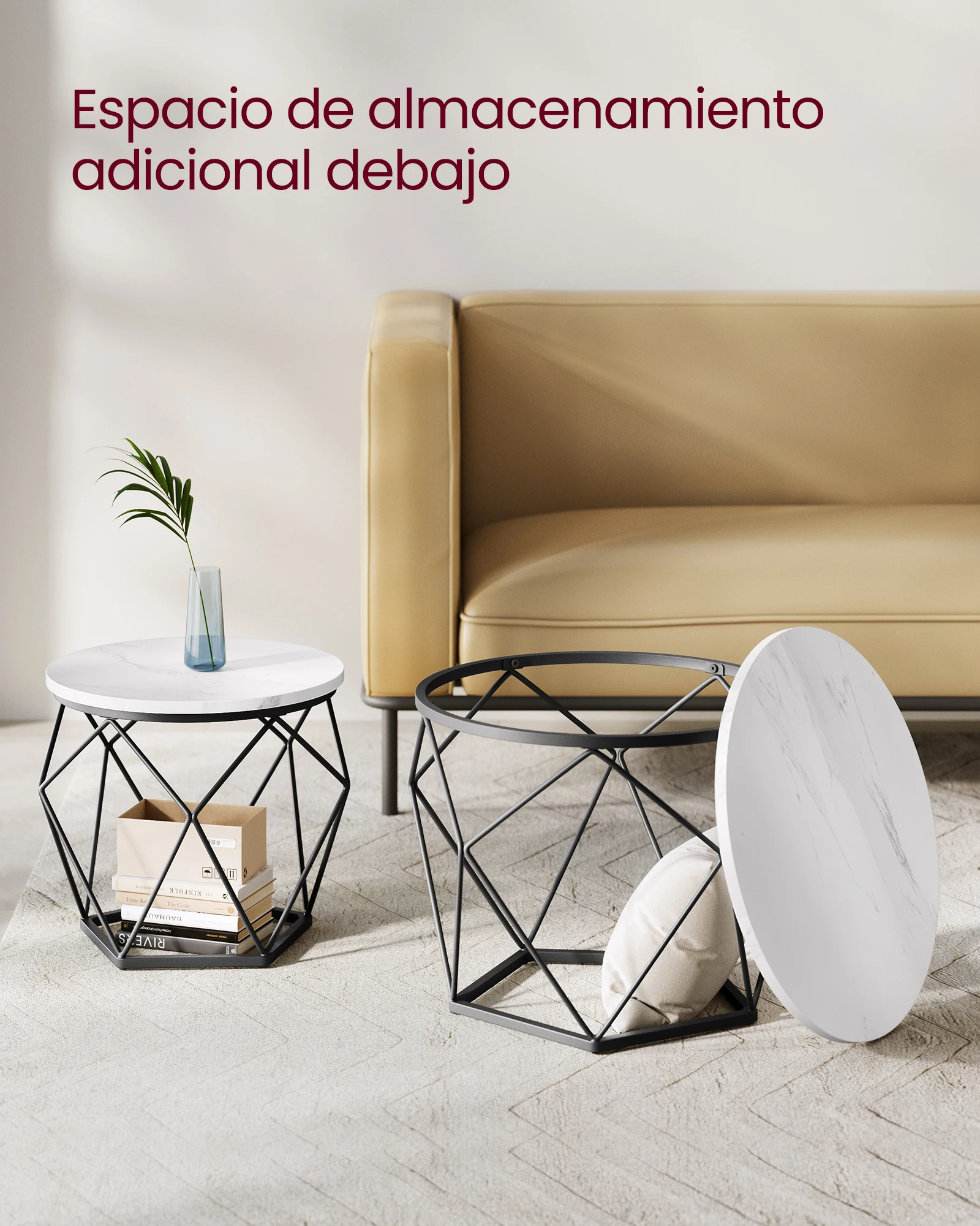 Vasagle round coffee table, set of 2 side tables, modern style, removable top, steel frame, for living room, black and white/snow white and cloud white/greige and black/honey brown and cloud white/rustic brown and black /black