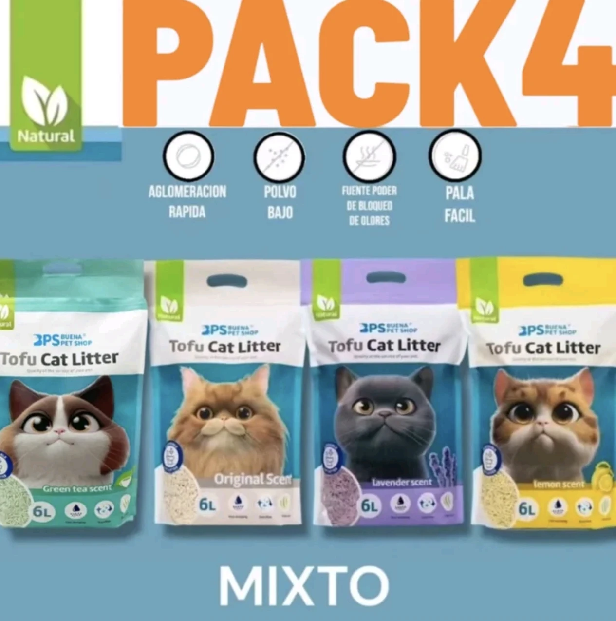 PACK DE 4 SUPER COMBO PACK AHORRO DE 4 AROMAS COMBINADOS de Arena Aglomerante de Tofu para Gatos sin Polvo