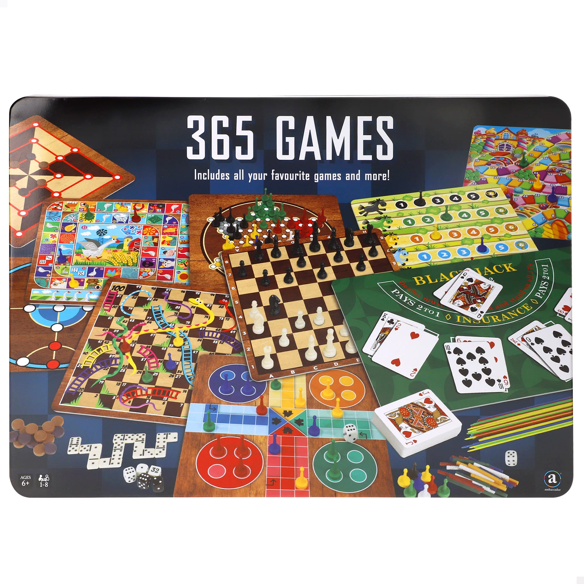 CB Games - Pack 365 juegos de mesa en caja metálica, 10 tableros multijuego, fichas, 7 dados, juego de la oca, backgammon, de 1 a 8 jugadores, juguetes educativos, juguetes niños + 6 años