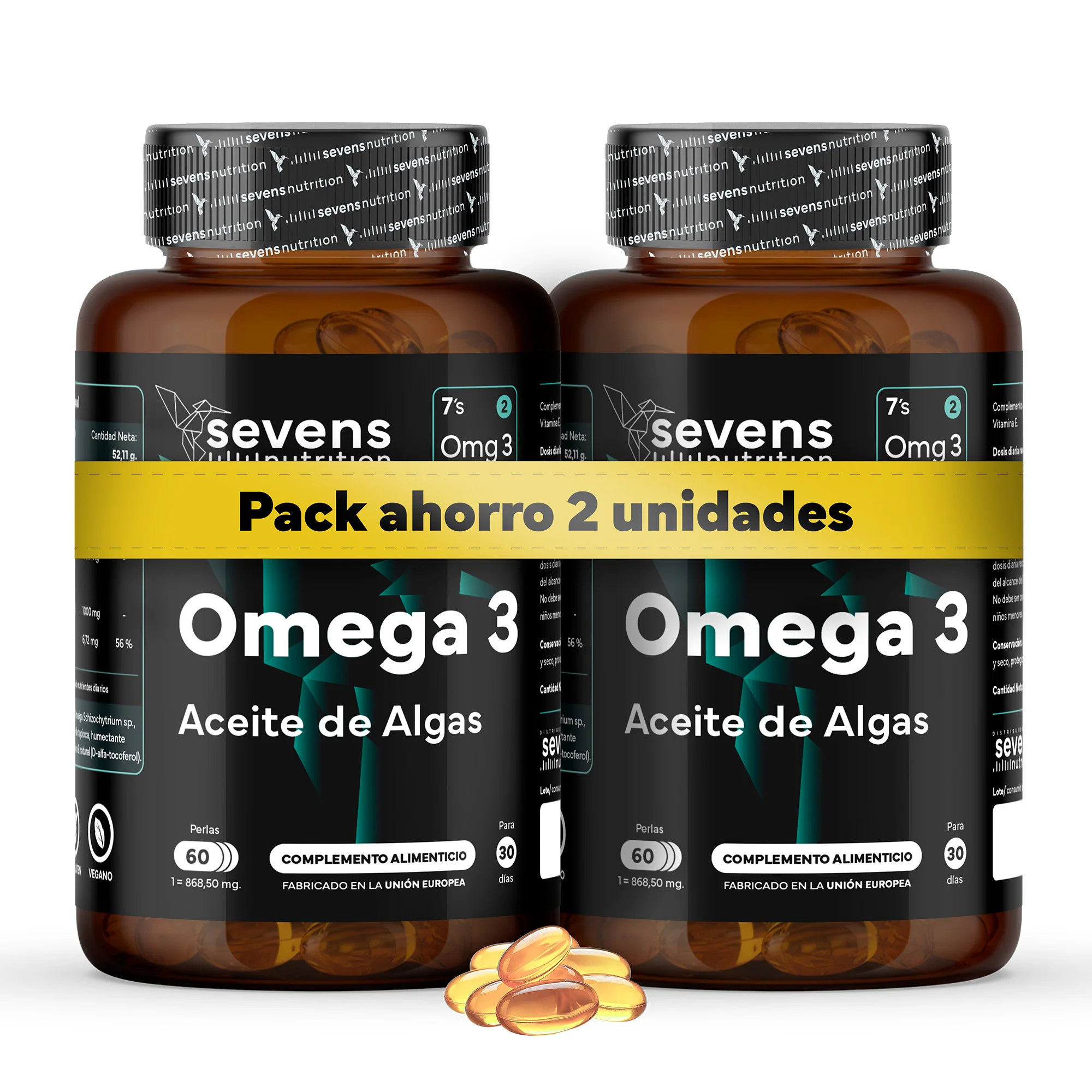 Pack 2x Omega 3 Vegano – DHA 1000 mg Omegatex® – Con Vitamina E – 120 Cápsulas – Sevens Nutrition