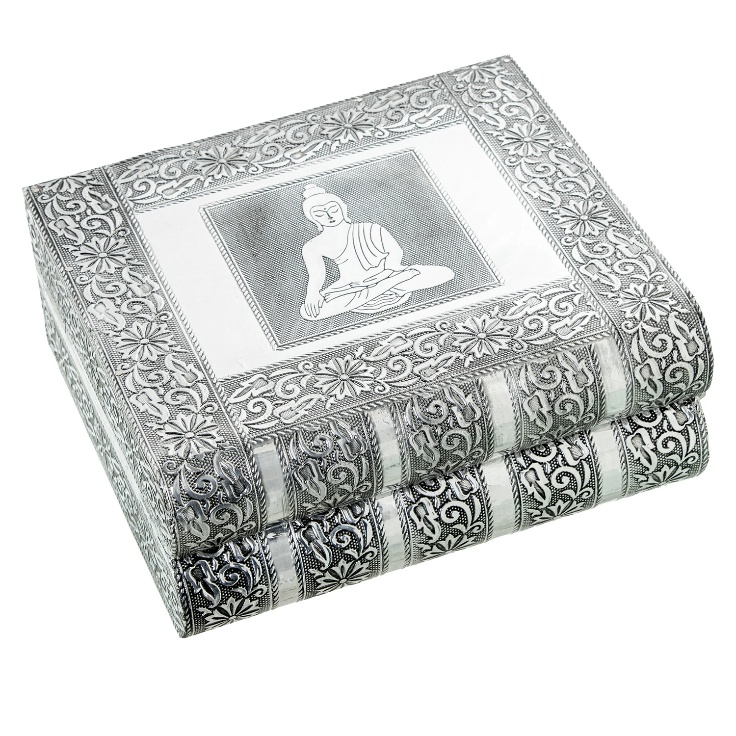 Joyero metal plateado con espejodecoración buda 23x19x9cm